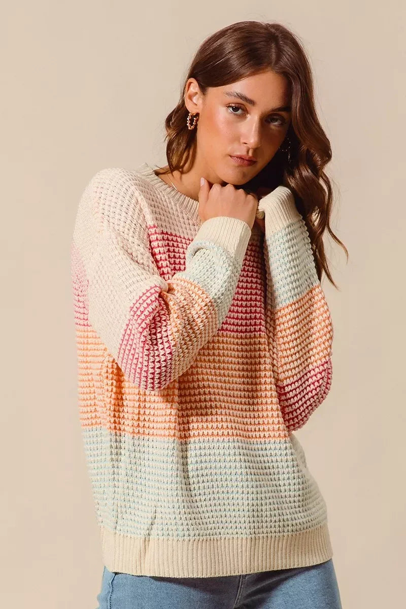 SO ME Multi Color Block Long Sleeve Sweater - DAVERRI FASHIONS