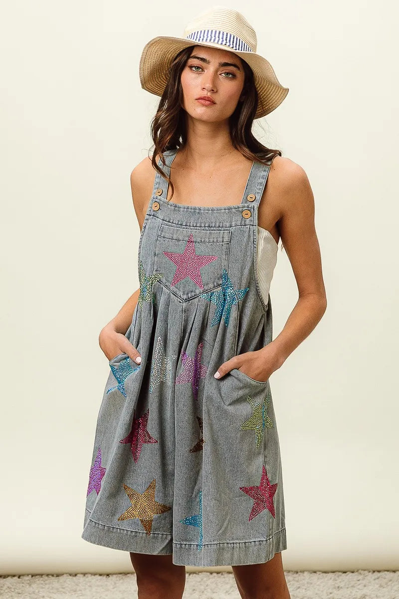 BiBi Star Rhinestone Washed Wide Leg Shortalls LT DENIM Shortalls