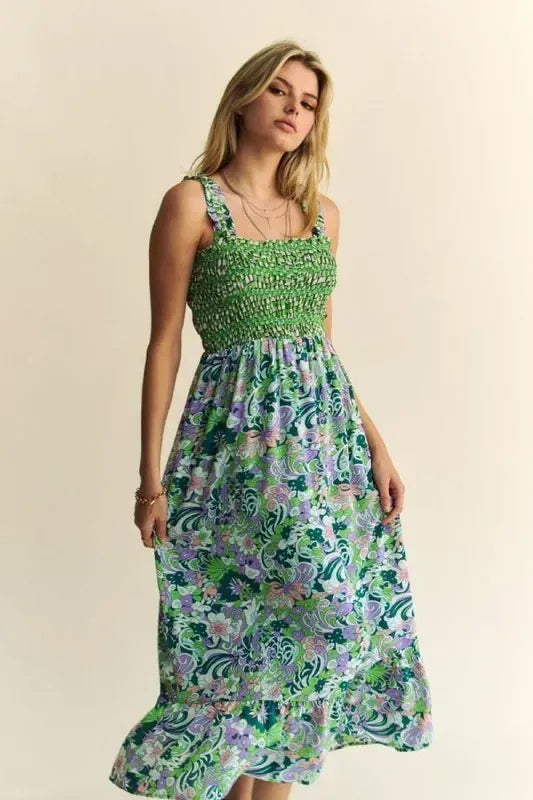 Davi & Dani Multi Smocked Bodice Geo Ruffle Strappy Midi Dress - DAVERRI FASHIONS