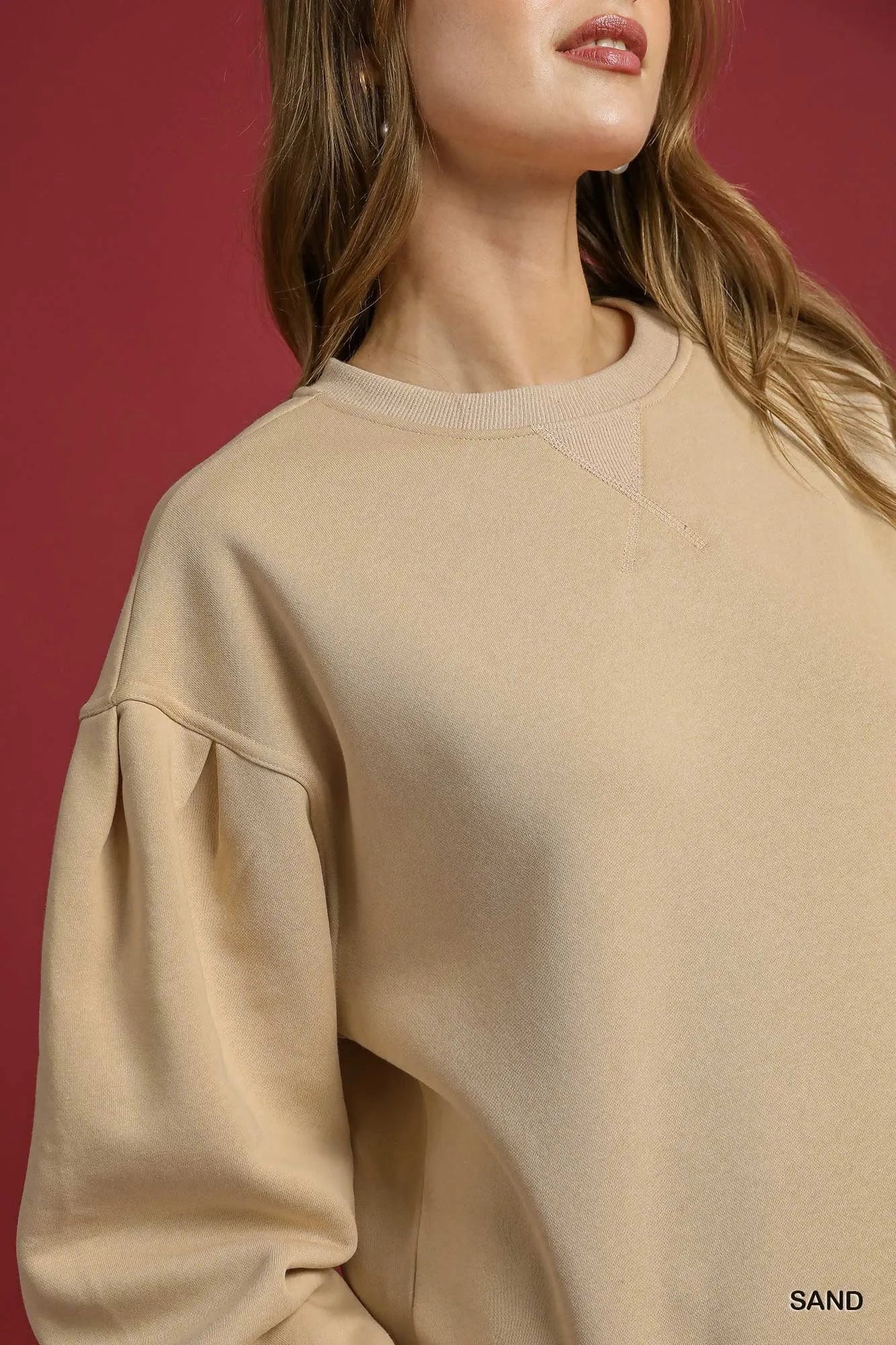 Umgee Round Neck Sweatshirt with Pleated Detail Sweatshirts