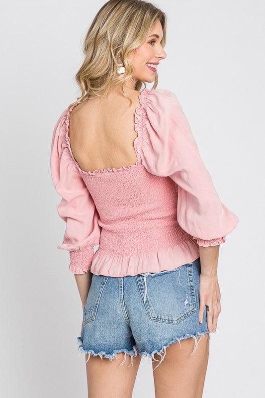 GeeGee Full Size Ruffled Smocked Frill Square Neck Top Plus Size Tops