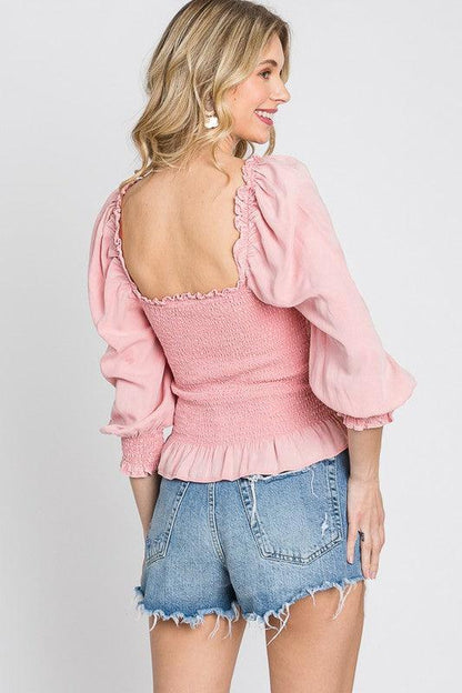 GeeGee Full Size Ruffled Smocked Frill Square Neck Top Plus Size - DAVERRI FASHIONS