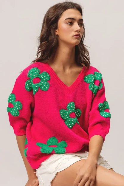 BiBi Pearl Beads Flowers Sweater Top - DAVERRI FASHIONS