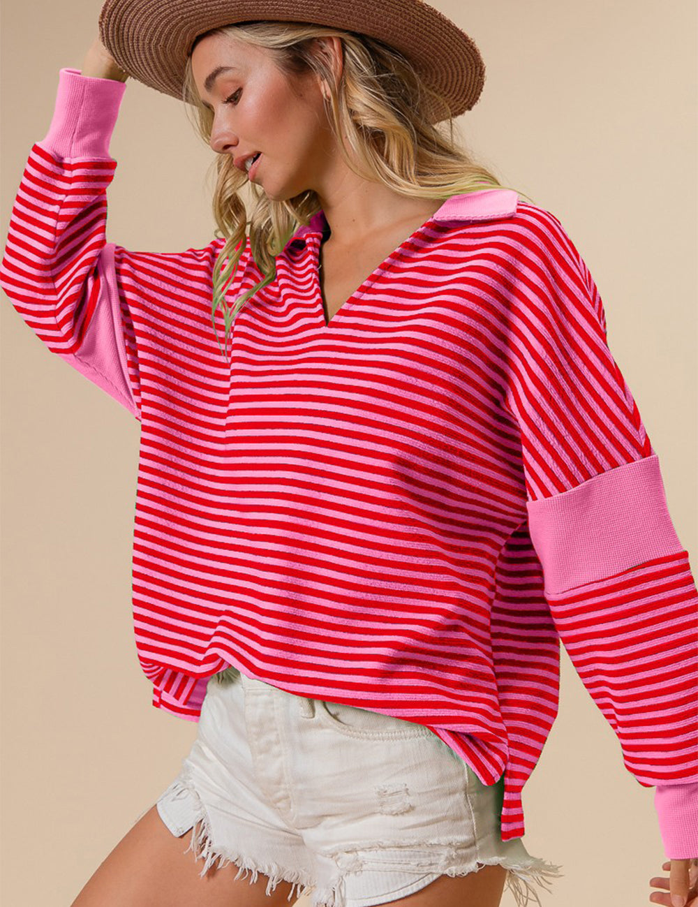 BiBi Striped Contrast Long Sleeve Knit Top Pink XL