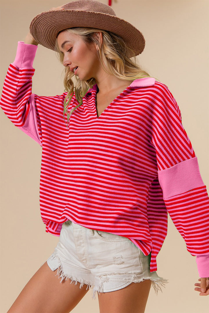 BiBi Striped Contrast Long Sleeve Knit Top Pink XL