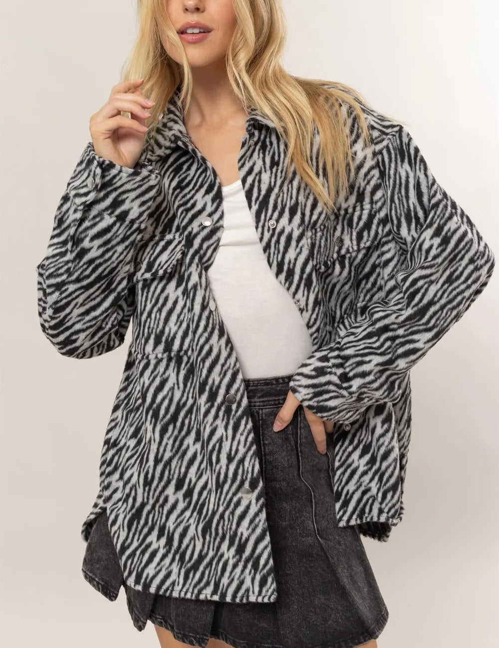 Black HYFVE Zebra Print Snap Down Long Sleeve Shacket | Shackets Daverri Fashions