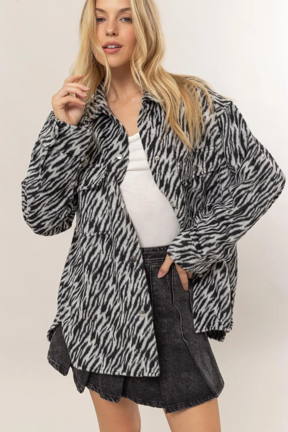 Black HYFVE Zebra Print Snap Down Long Sleeve Shacket | Shackets Daverri Fashions