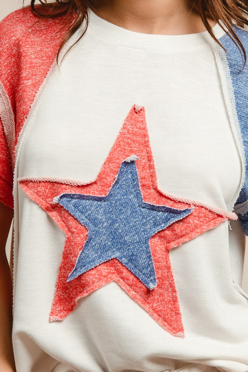 BiBi white raglan Fourth of July T-shirt with bold star denim patch