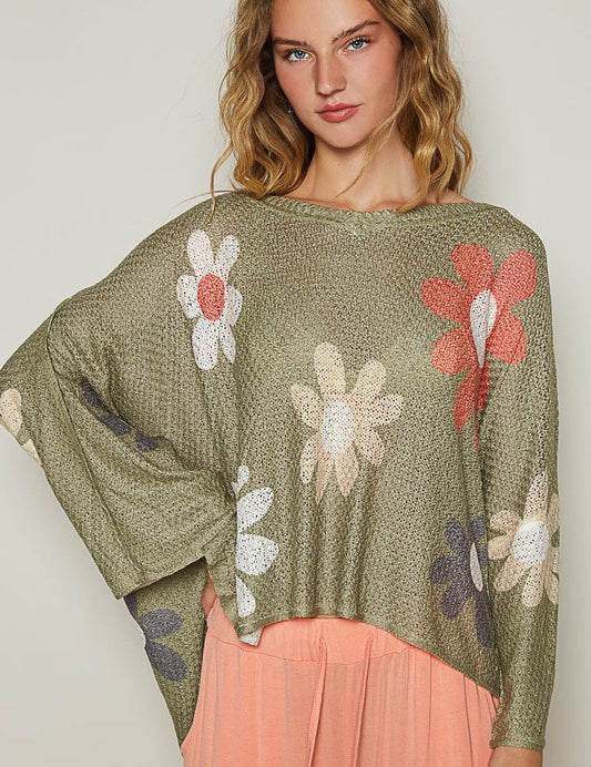 POL Flower Dropped Shoulder Long Sleeve Knit Top Olive