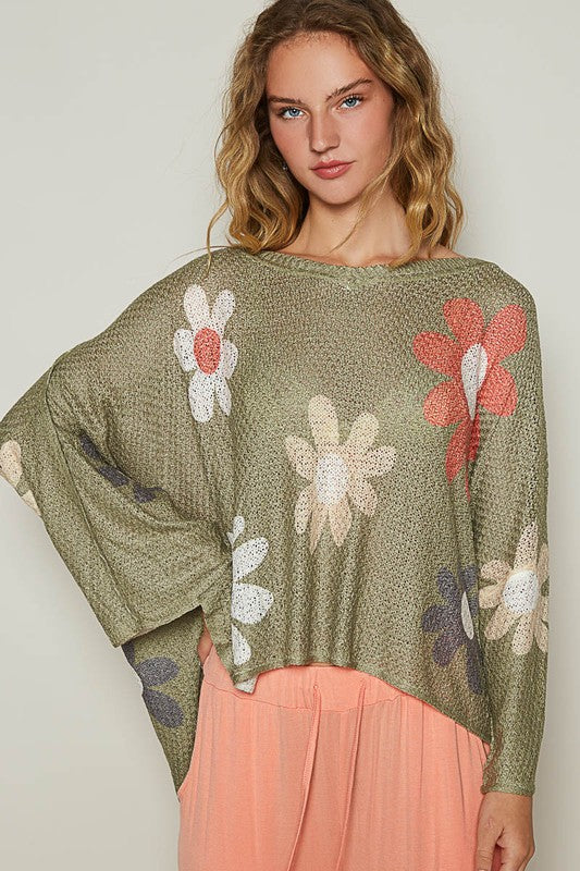 POL Flower Dropped Shoulder Long Sleeve Knit Top Olive