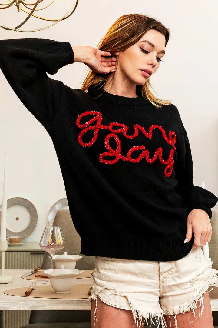 BiBi Game Day Metallic Letter Sweater | Daverri Fashions