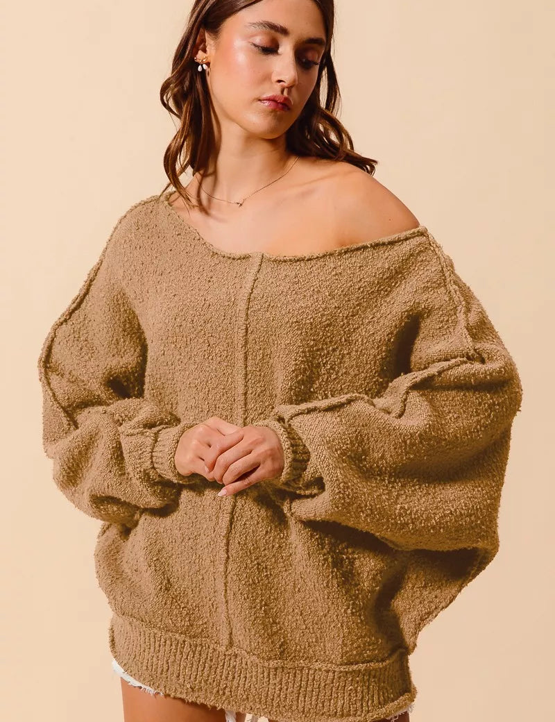 TAUPE SO ME Loose Fit Exposed Seam Slouchy Boucle Sweater Taupe | Sweaters Daverri Fashions