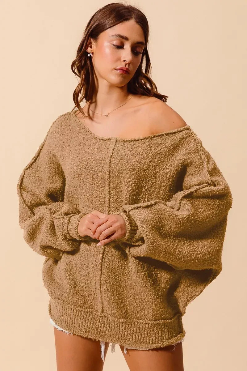 SO ME Loose Fit Exposed Seam Slouchy Boucle Sweater Taupe - DAVERRI FASHIONS