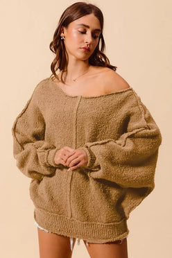 SO ME Loose Fit Exposed Seam Slouchy Boucle Sweater Taupe - DAVERRI FASHIONS