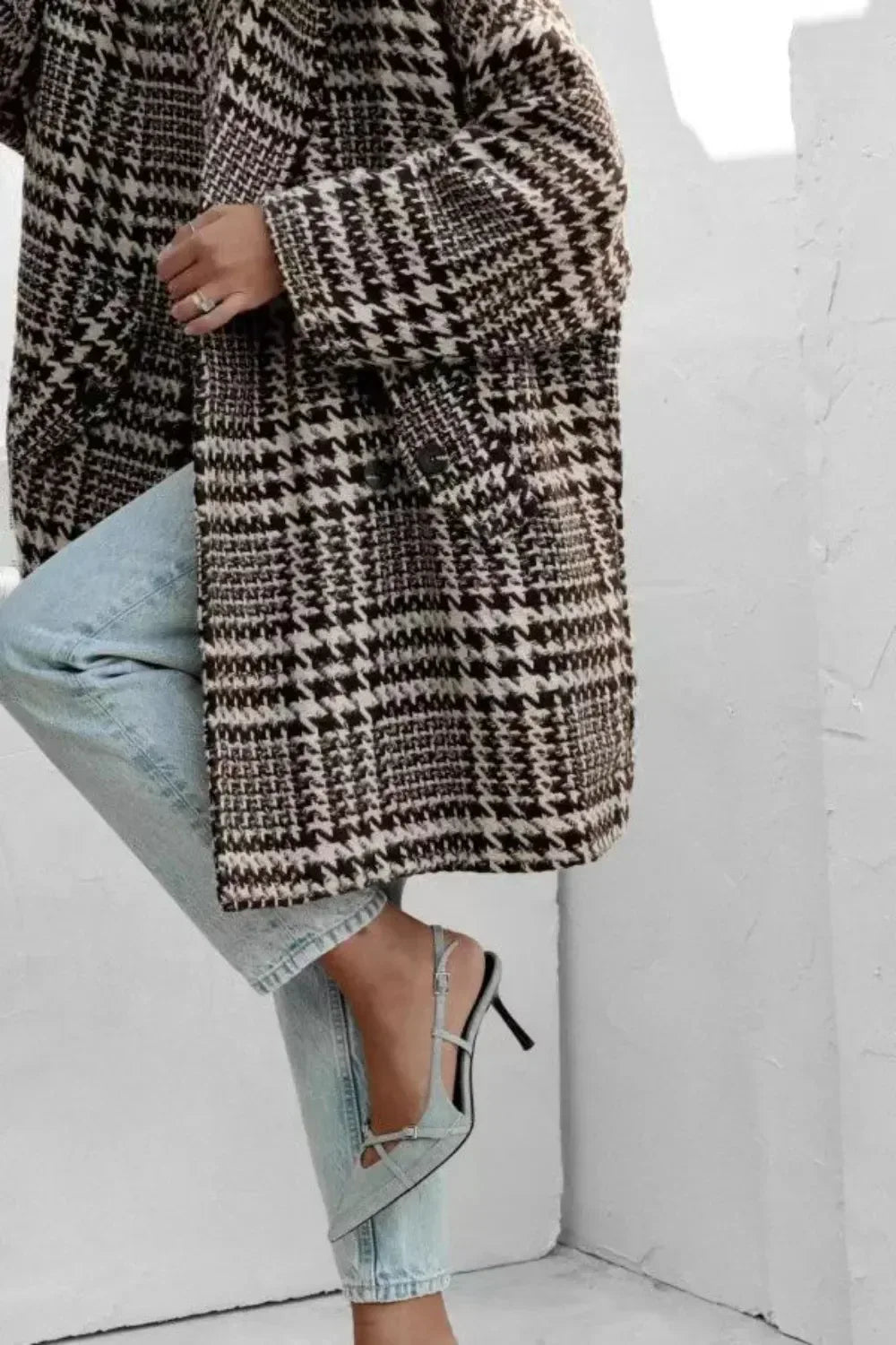Houndstooth Collared Neck Long Sleeve Coat with Pockets - DAVERRI FASHIONS
