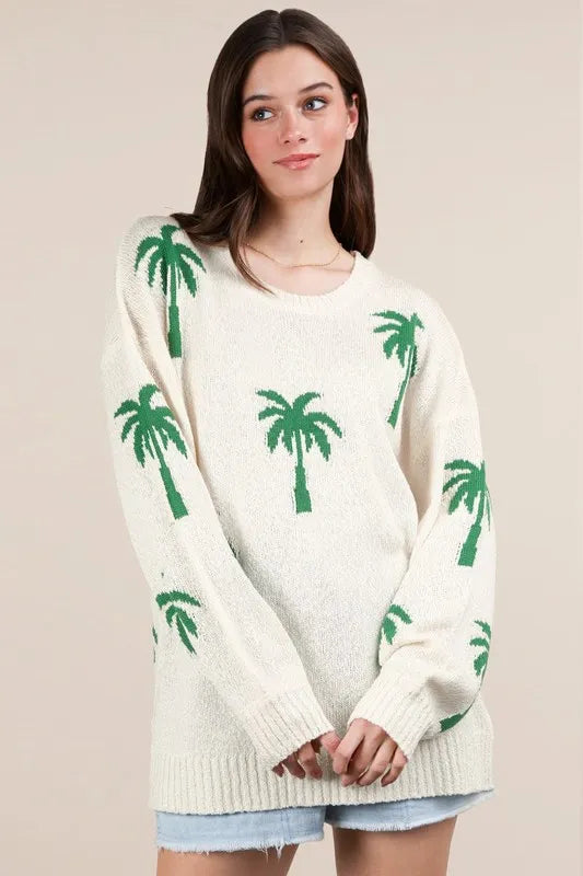 VERY J Palm Tree Graphic Oversized Knit Sweater Natural Sweaters