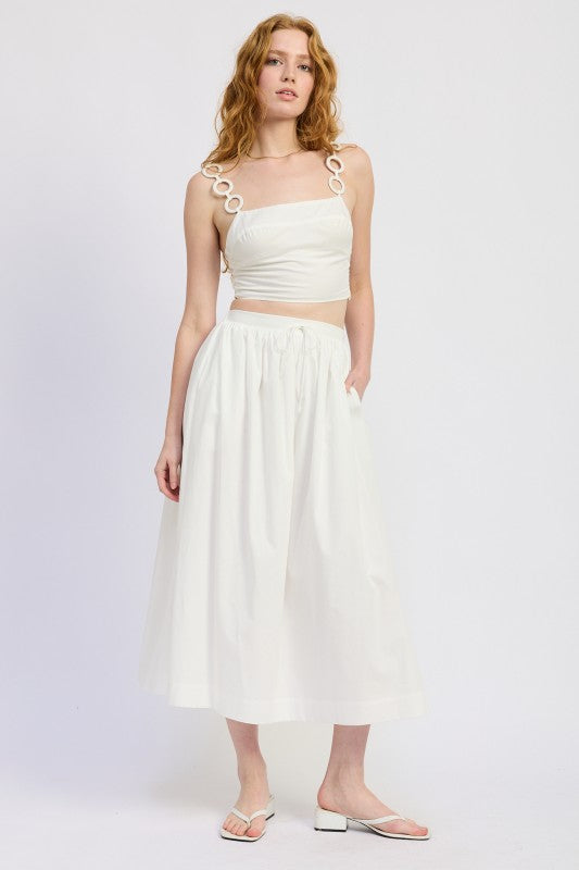 White cropped top with ring straps and gathered bodice over Emory Park skirt