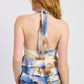Emory Park blue beige abstract print halter top with ruffle waist