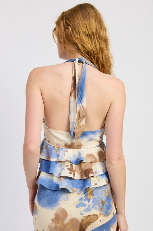 Emory Park blue beige abstract print halter top with ruffle waist