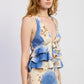 Blue and beige Emory Park tie-dye halter top with ruffled tiers