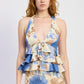 Blue and beige tie-dye Emory Park tiered front halter top with ruffles