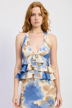 Blue and beige tie-dye Emory Park tiered front halter top with ruffles