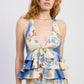 Emory Park Tiered Front Tie Halter Top with blue beige abstract pattern