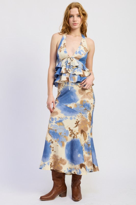 Emory Park tie halter top with ruffled tiers in blue beige tie-dye