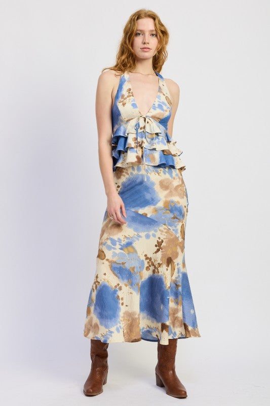 Emory Park tie halter top in blue beige tie-dye with ruffled waist tiers