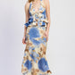 Blue and beige abstract floral halter-neck midi dress with ruffled tiers