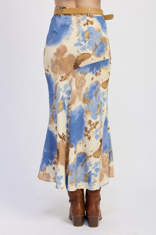 Emory Park Bias Abstract Belted Maxi Skirt in blue beige floral pattern
