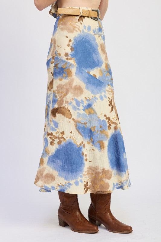Cream Emory Park bias abstract belted maxi skirt with blue brown splatters