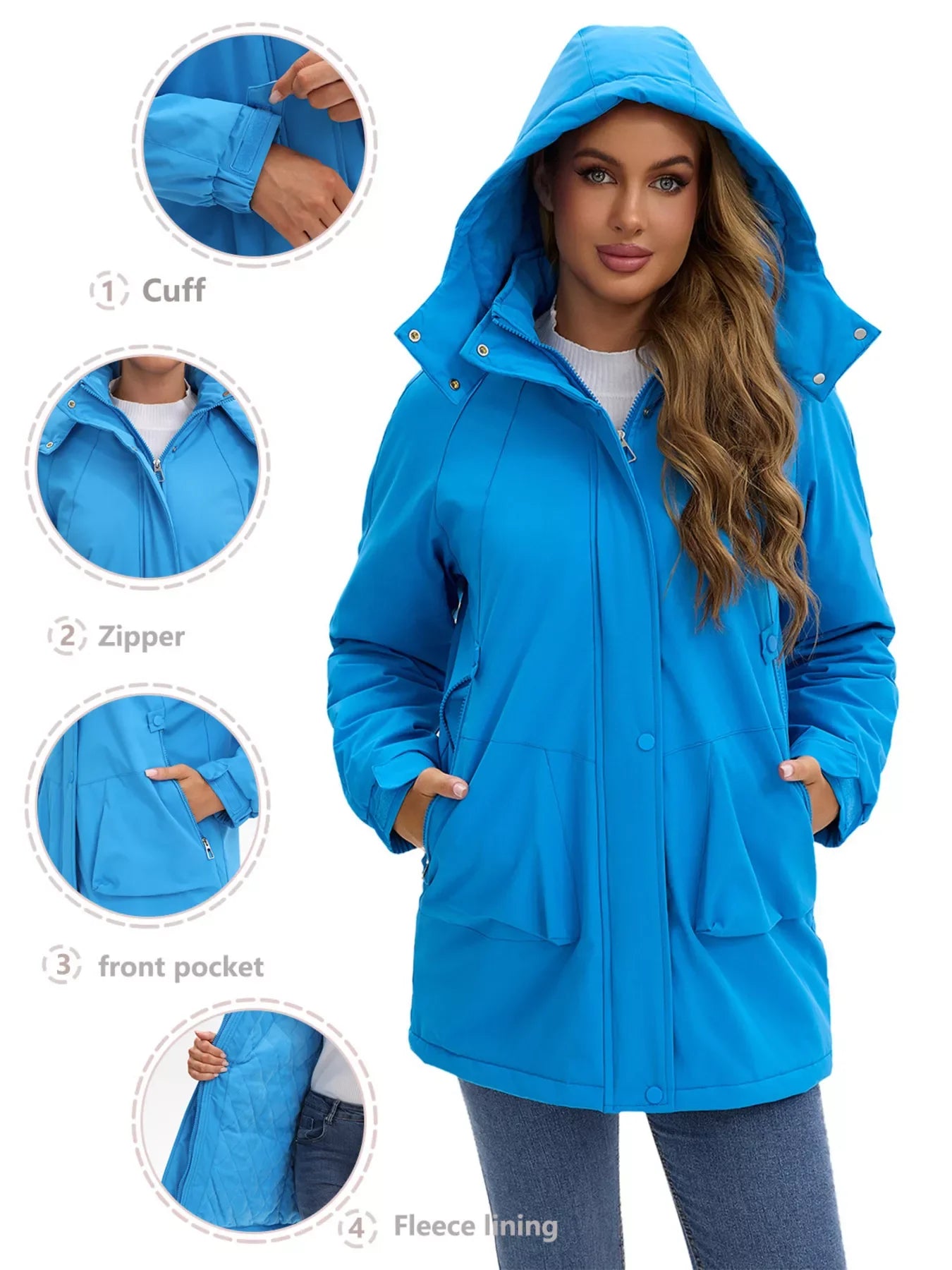 Bright blue Daverri Fashions hooded mid-length windproof parka with fleece lining