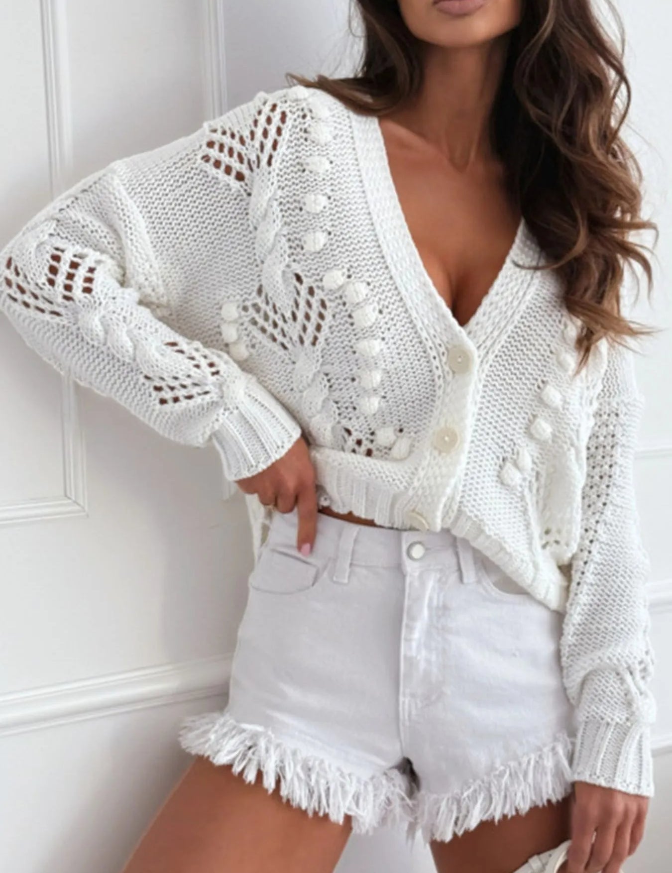 White Button Up V-Neck Cardigan | Cardigans Daverri Fashions