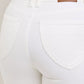 Judy Blue high-waisted tummy control flare jeans in white denim with brown leather patch
