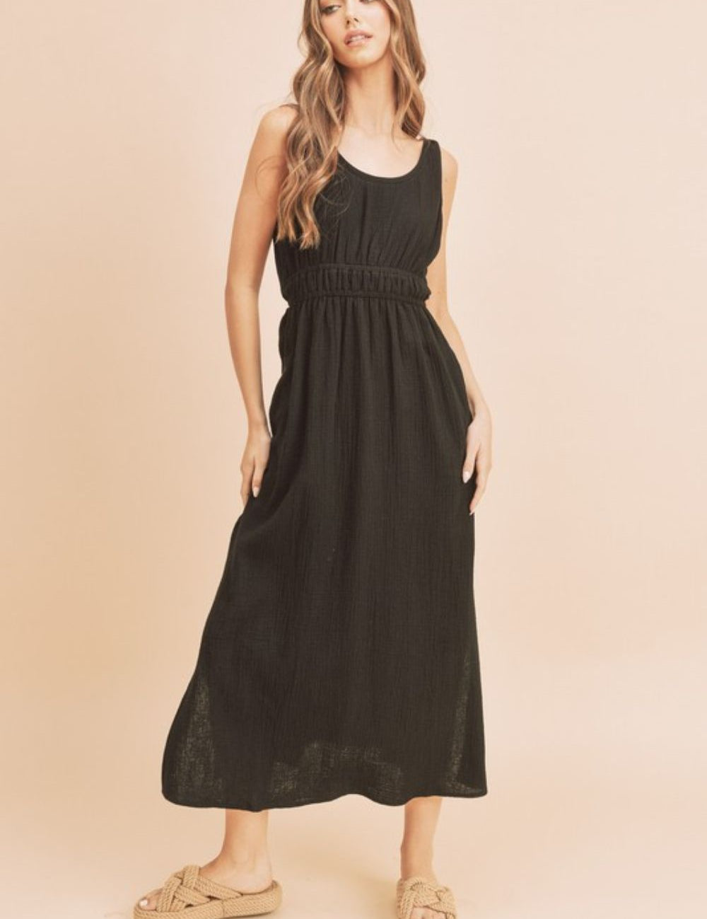 Aemi + Co Side Slit Round Neck Sleeveless Tank Dress Black