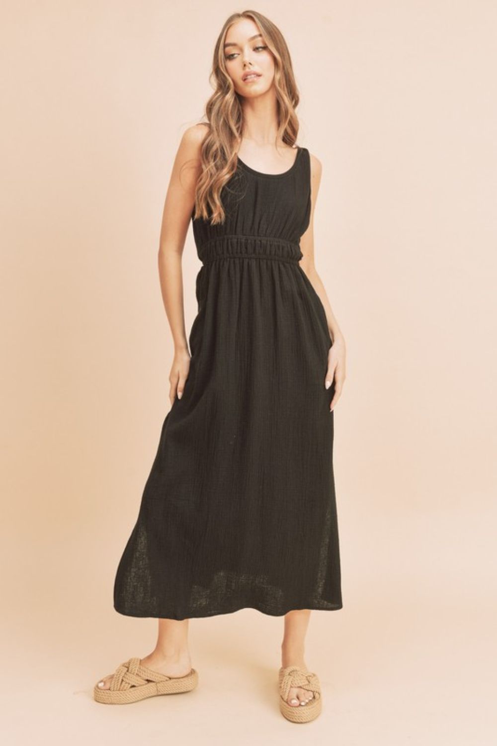 Aemi + Co Side Slit Round Neck Sleeveless Tank Dress Black