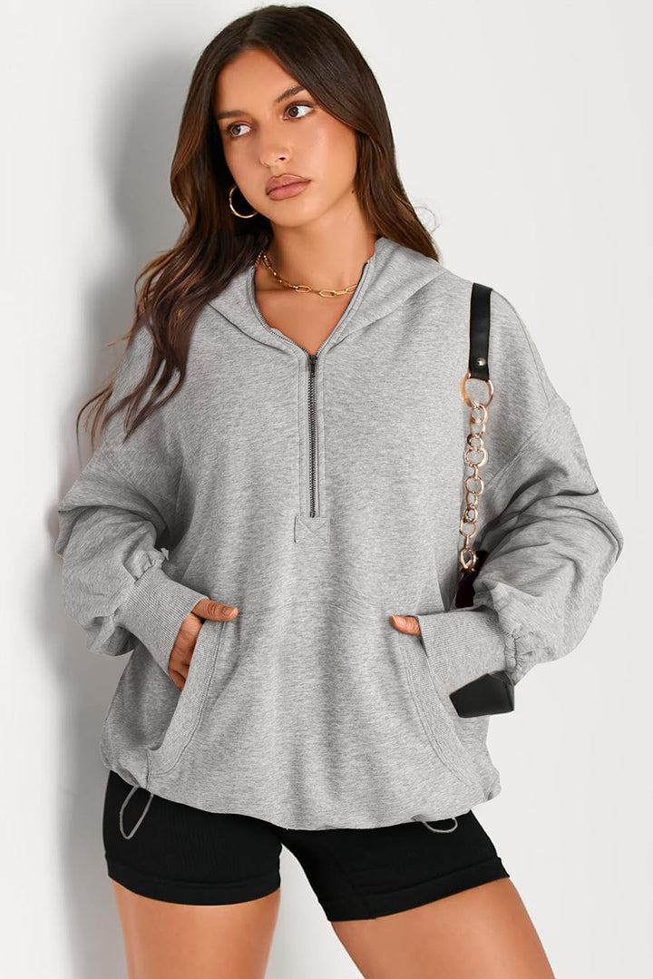 Pocketed Half Zip Long Sleeve Hoodie Tops