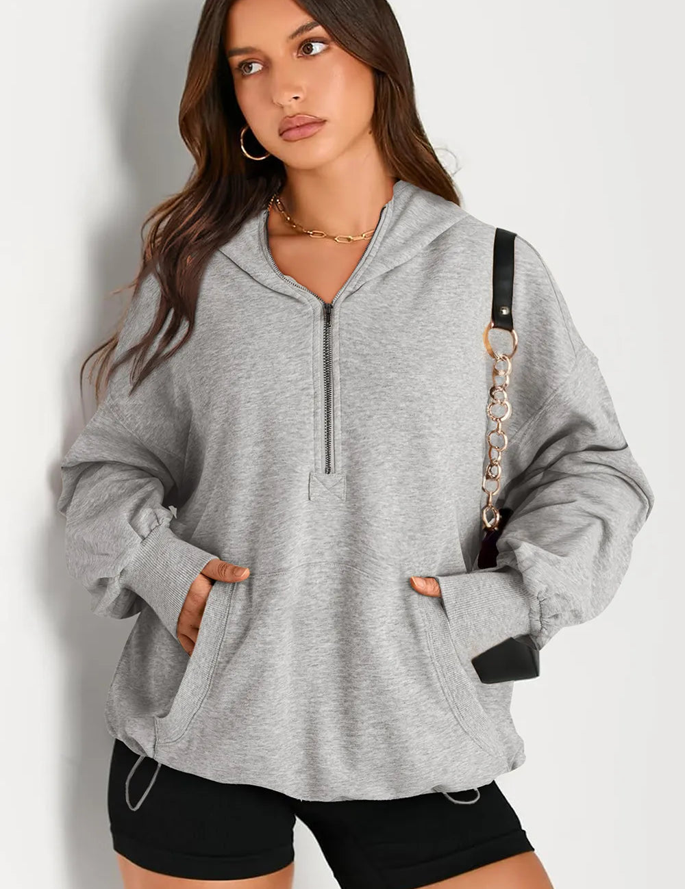 Pocketed Half Zip Long Sleeve Hoodie | Hoodies Daverri Fashions