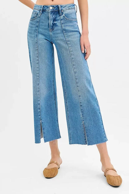 RISEN Tummy Control Mid Rise Crop Wide Front Slit Jeans - DAVERRI FASHIONS