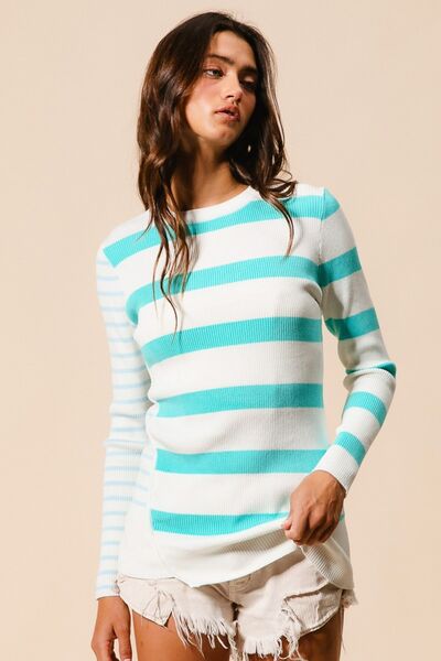 BiBi Contrast Striped Asymmetrical Hem Knit Top Tops