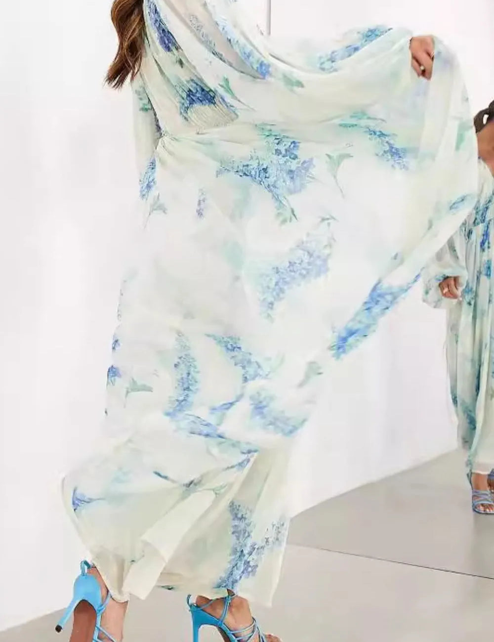 Light blue and white floral bohemian maxi dress with balloon sleeves