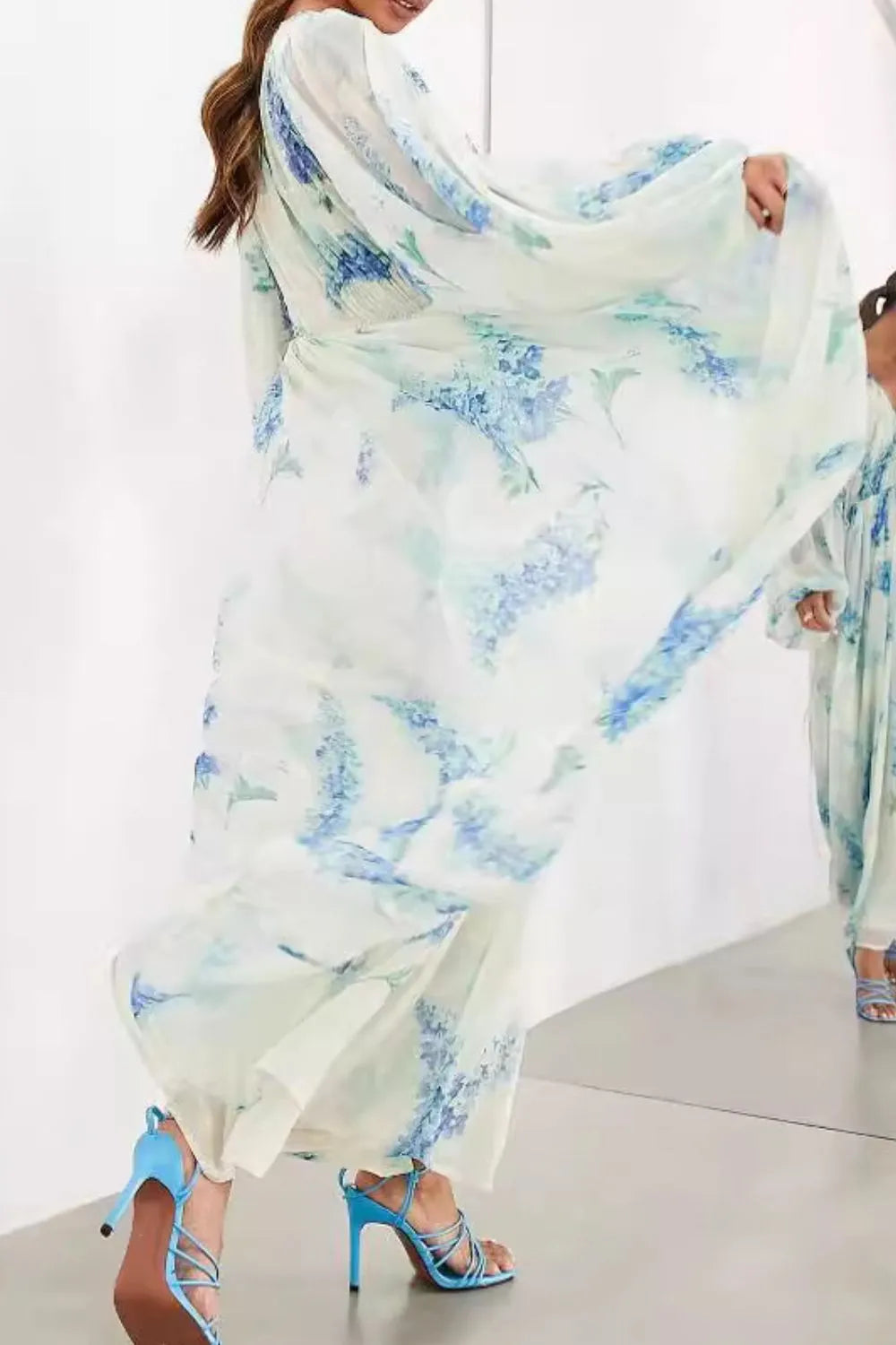 Light blue and white floral bohemian maxi dress with balloon sleeves
