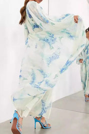 Light blue and white floral bohemian maxi dress with balloon sleeves