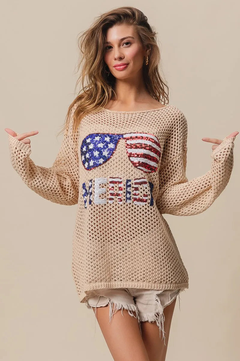 BiBi Sequin American Flag Sunglasses Knit Top Tops