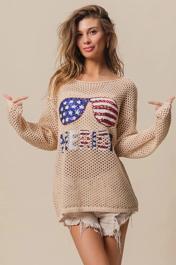 BiBi Sequin American Flag Sunglasses Knit Top Tops