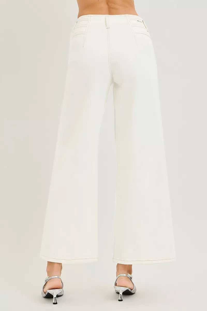 RISEN High Rise Ankle Wide Pants in white with minimalist design and subtle stitching