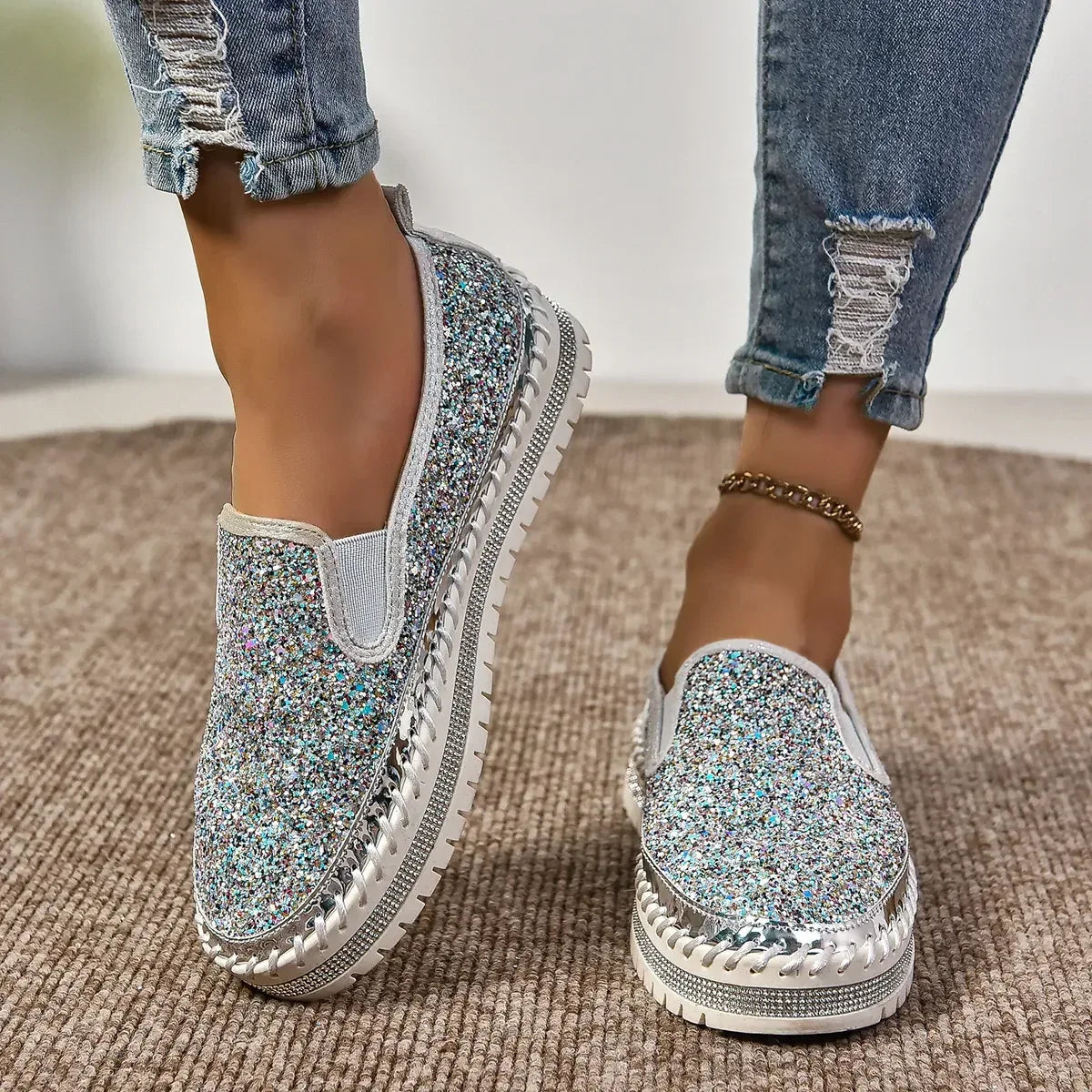 Rhinestone Round Toe Platform Loafers - DAVERRI FASHIONS