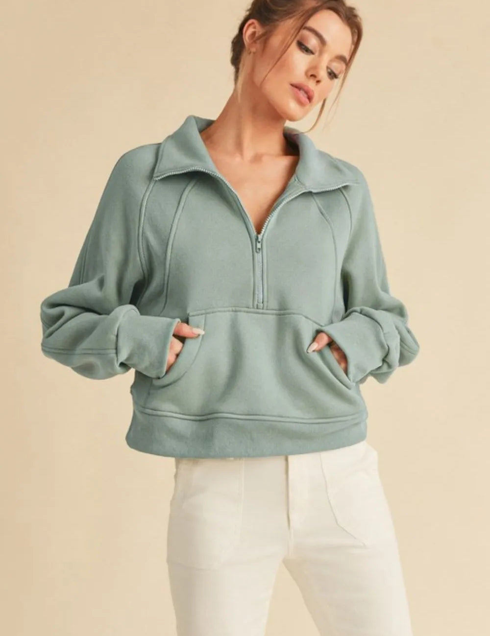 Pale Blue Aemi + Co Half Zip Raglan Sleeve Sweatshirt with Kangaroo Pocket | Sweatshirts Daverri Fashions