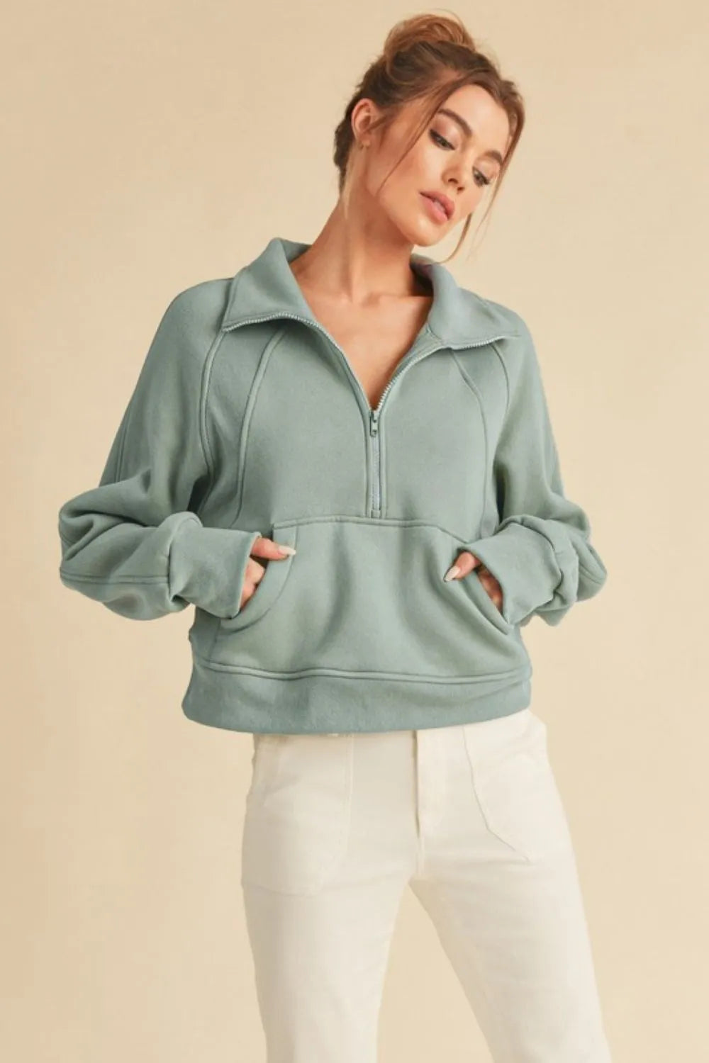 Aemi + Co Half Zip Raglan Sleeve Sweatshirt with Kangaroo Pocket Pale Blue Sweatshirts